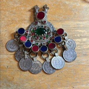 Moroccan Silver coin and old glass Multicolor Pendant